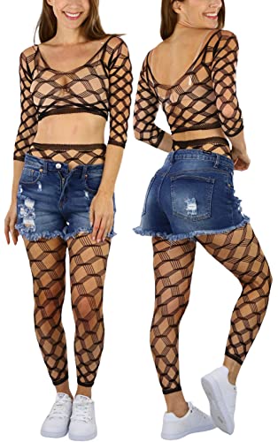 Image of ToBeInStyle Women's Spandex Multi Net Fishnet Set Rave Novelty Party Crop Top & Tights