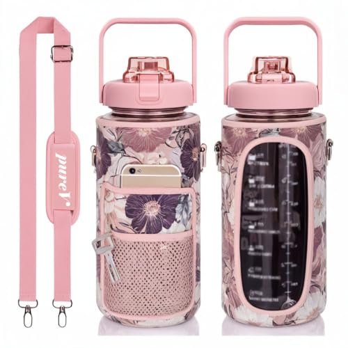 pureV Half Gallon (2L) Water Bottle With Sleeve Pocket Holder - Inspirational Water Bottle with Straw, Time Marker, Insulated Neoprene Sleeve - Daily Hydration and Sports, Workout (Pink)