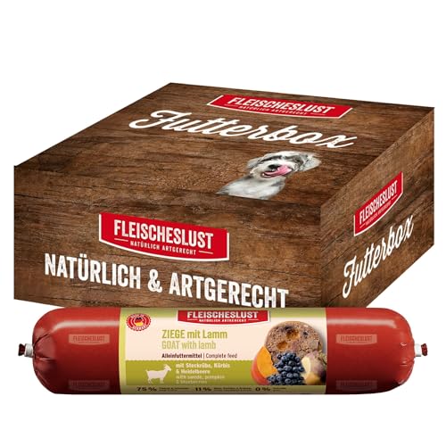Fleischeslust Hundewurst | Ziege & Lamm mit Steckrübe, Kürbis & Heidelbeere | Futterbox (6x800g) | Nassfutter | schnittfest | getreidefrei | Alleinfuttermittel für ausgewachsene Hunde