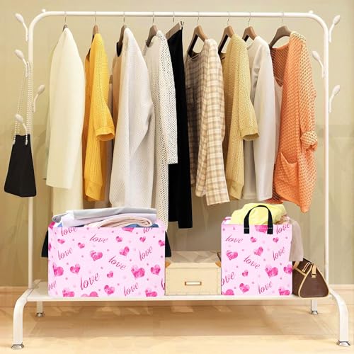 Image of Rec Heart Print Box Hamper Storage Basket Collapsible Organizer Bin Gift Shelf Baskets for Home and Kitchen Storage