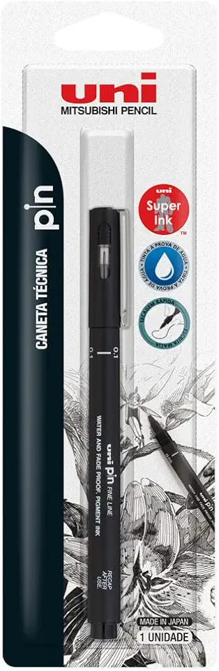 Caneta Técnica 0.1 mm Pin Fine Line, Uni-Ball, Preta, Blister com 1 unidade
