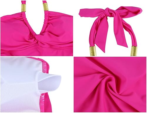 Miniatura 5 de Hilor Traje de baño tankini retro halter para mujer, parte superior de traje de baño con giro frontal, parte superior fruncida con control de abdomen
