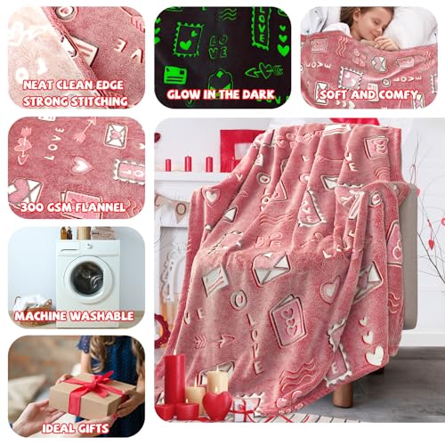 REXEO Heart Glow in The Dark Throw Blanket for Girls Women - I Love You Birthday Gifts for Wife Girlfriend Anniversary from Husband - Red Soft Cozy Blankets for Couch Bed Gifts for Mom 50"x60"