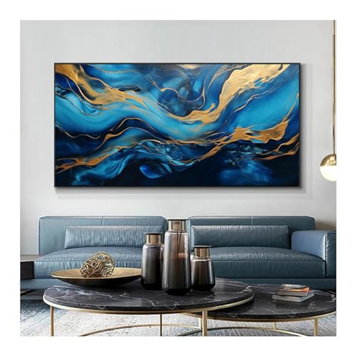 Peinture impression or et bleu 70x140 cm avec cadre pour décoration murale