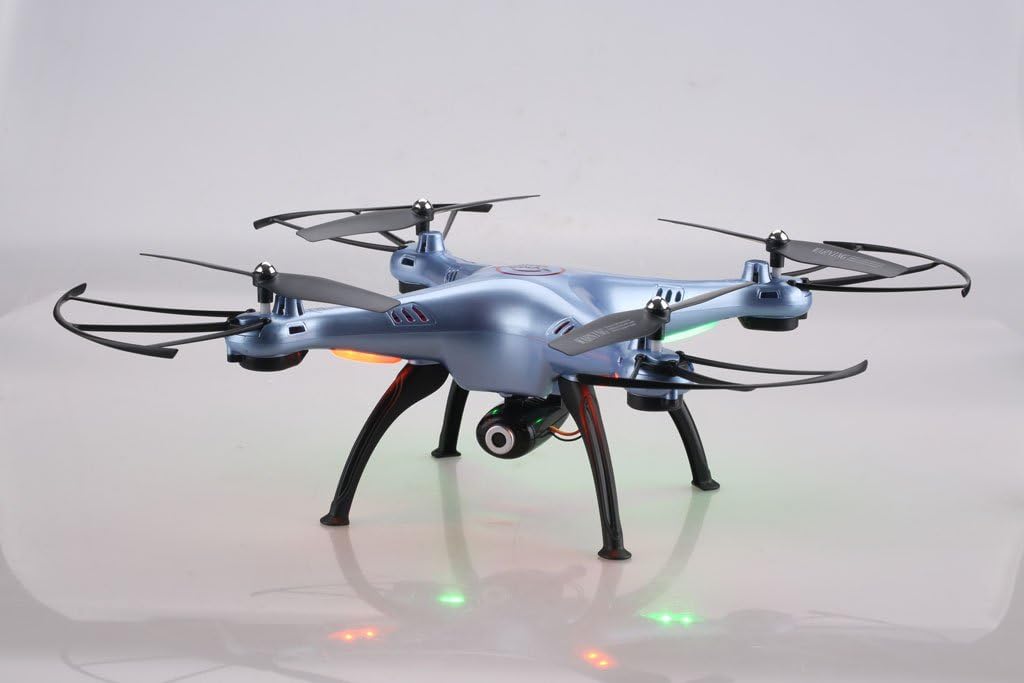 Side view of the Syma X5HW drone with landing gear and camera installed, showing illuminated LED lights.