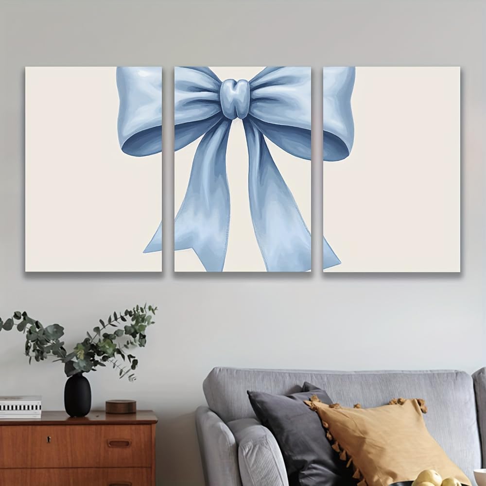 EGJEPWFH Blue Watercolor Canvas Art Set -Elegant Bow Design Minimalist Botanical Posters,Minimalist Aesthetic Indoor Wall Decor(70x100cmx3/NO frame)