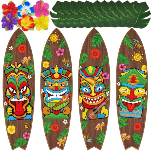 Renbuzhu Luau Party Decorations Set: 4pcs Tiki Bar Surfboard Wall Decor with 12pcs Palm Leaves & 6pcs Hibiscus Flowers, Beach Hawaiian Tropical Aloha Signs