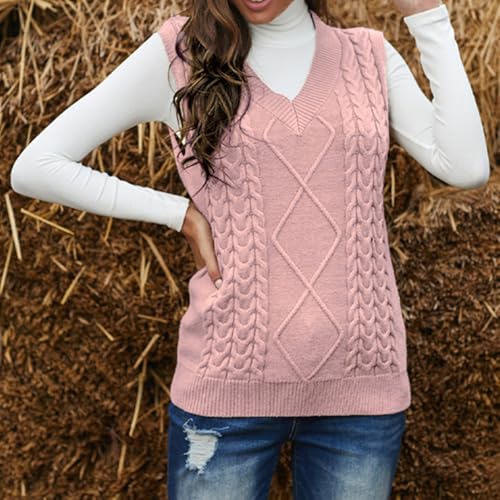 Image of Women's Sweater Vest,Long Cable Loose Knitted Sleeveless V Neck Casual Sweaters Tank Top S~XL