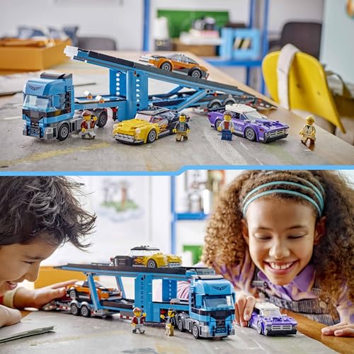 LEGO City Le Camion de Transport de Voitures de Sport - Set de 4 Véhicules pour Enfants dès 7 Ans - Cadeau de Fête ou d’Anniversaire pour Garçons et Filles - 4 Minifigurines pour Le Jeu de Rôle 60408