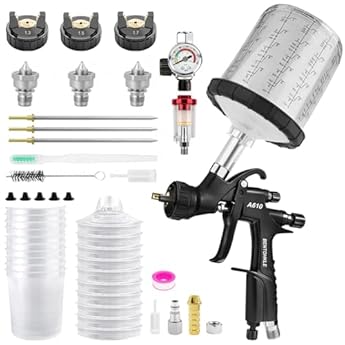Foto di R500 LVLP Pistola a spruzzo ad aria con 10 contenitori monouso da 650 ml, Pistole a Spruzzo A610 per automobili, Spruzzatore per Verniciatura con 1,3/1,5/1,7 mm Ugelli (A610 con 10 vaschette vernice)