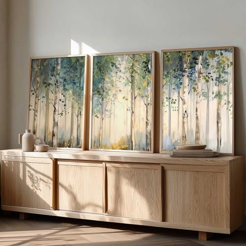 Image of kotart Abstract Nature Art Framed Paintings | Big Aesthetic Forest View Painting | Vastu Frames for Bedroom Living Room Wall Decor Set Of 3 (35x37 Inch)