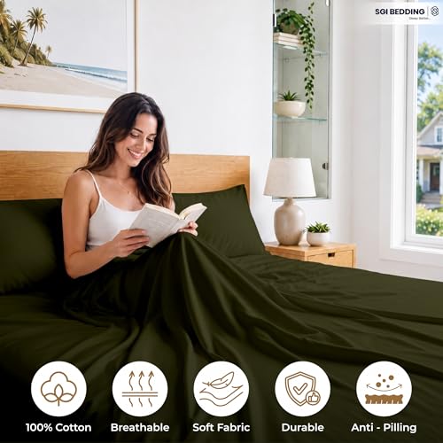 Image of SGI Split King Sheet Set for Adjustable Bed Egyptian Premium Cotton 600 Thread Count Sheets for Sleep Number Bed 15 inch Deep Pocket 5 Pc Set with 2 Twin XL Fitted Sheets Soft Breathable - Olive Green