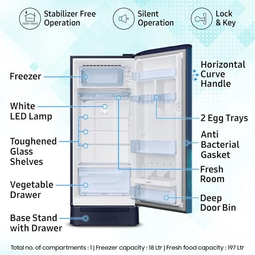 Image of Samsung 215 L, 5 Star, Digital Inverter, Direct-Cool Single Door Refrigerator (RR23D2H359U /HL, Paradise Bloom Blue, Base Stand Drawer)