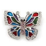 Metall: rhodiniert. Avalaya Charming Mehrfarbige Emaille-Brosche mit Kristallen „Schmetterling“, rhodiniert, 40 mm breit