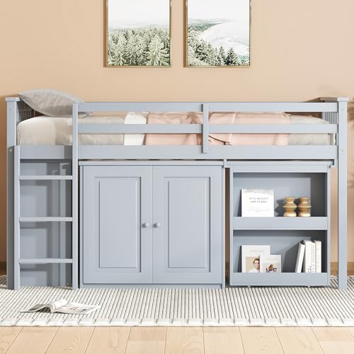 SOFTSEA Twin Low Loft Bed with Pulling-Out Desk and Storage Cabinet, Wood Twin Loft Bed with Drawers and Shelf, Grey