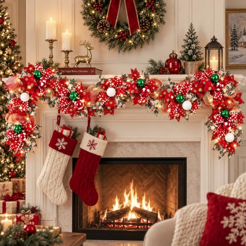6 Ft Christmas Garland with Lights Christmas Decorations, Red - Image 4