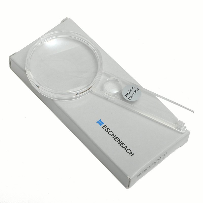 Eschenbach 2612407 - Reading magnifier with additional lens in handle, Excellent orientation on reading material due to transparent frame, Dimensions Lens: Ø 45 mm, Magnification: 3,25x, Dioptre: 9