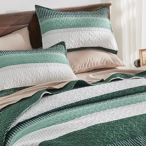 Image of Andency Emerald Green Quilt King(106x96Inch), 3 Pieces (1 Striped Quilt and 2 Pillowcases) Patchwork Striped Bedspread Coverlet Set, Soft Lightweight All Season Quilted Bedding Set