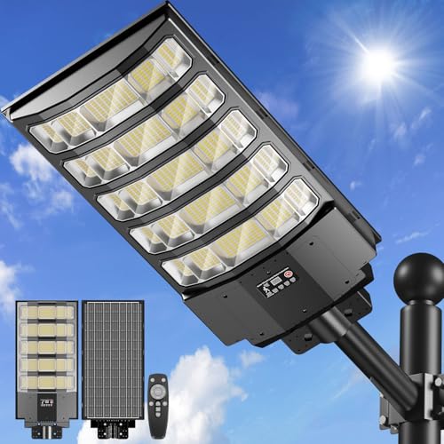 LEKIA Lampadaire Solaire Exterieur, 8000W 6500K Lumiere Solaires avec Détecteur de Mouvement, Télécommande, IP66 Étanche Spot Solaire Puissant Projecteur...