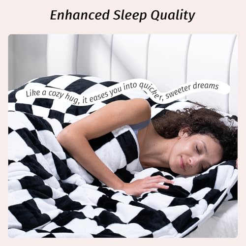 Wemore Flannel Fleece Weighted Blanket for Adult Twin Size 15 lbs, Dual Sided Luxurious Checkerboard Grid Heavy Blankets, Ultra Soft Throw Blanket, Plaid Black, 48 x 72 inches