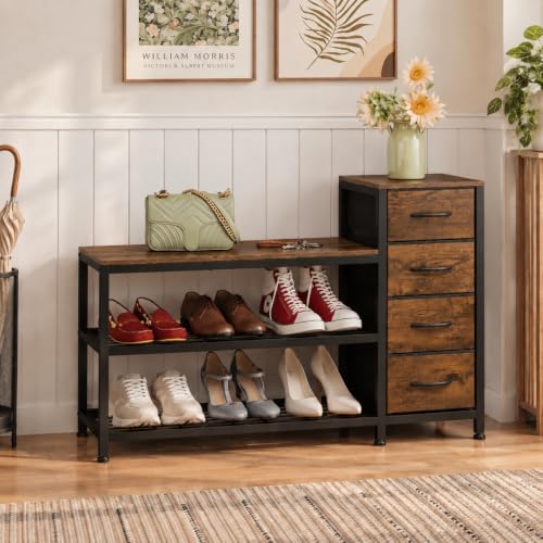 Image of EXOTICA Industrial Shoe Storage Bench with 4 Drawers & Seat, Rustic Brown