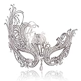 MYMENU Masquerade Mask for Women Shiny Rhinestone Metal Mask Venetian Mask for Party Prom Ball (Phoenix Silver)
