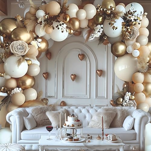 Image of Balloon Decoration Kit - 37 PCS Beige, White & Golden Chrome Balloons for Birthday, Weddings, Anniversary & Events | Pastel Balloons Garland Set Birthday Decoration Items for Kids & Adults