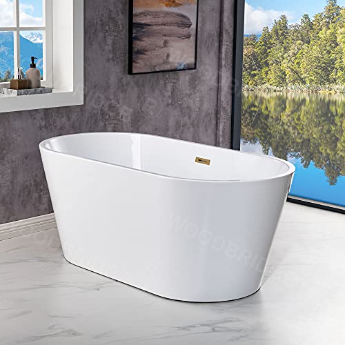WOODBRIDGE 54\" Acrylic Freestanding Bathtub Contemporary Soaking White Tub with Brushed Gold Overflow and Drain,BTA1702-BG