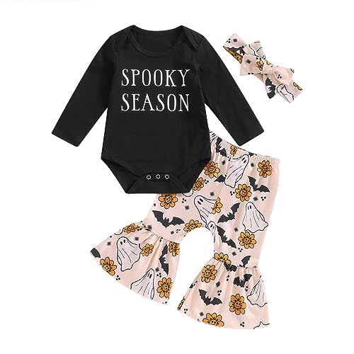 Newborn Baby Girl Halloween Clothes Long Sleeve Romper Tops Pumpkin Bell-Bottom Pants Headband Infant Fall Outfits