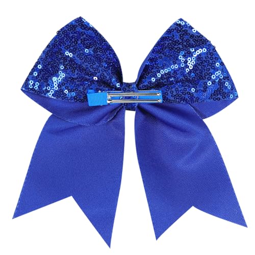 Jumbo Glitter Cheer Bow Clip - 7 Inch Large Cheerleading Sequin Hair Bow with Tails for Girls Teen Softball Cheerleader Outfit Uniform (Royal Blue)