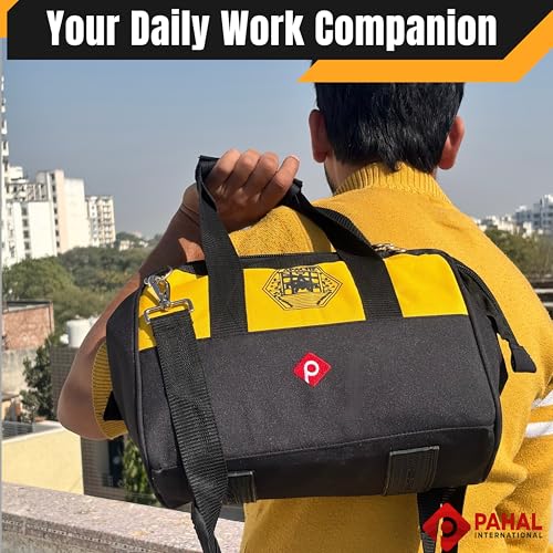 Image of PAHAL APACHE 12 Inch Tool Bag - Multipurpose Nylon Water-Resistant Tool Storage Organizer for Electricians, Plumbers, Technicians & Mechanics, Durable Portable Tool Carry Bag, Yellow Black