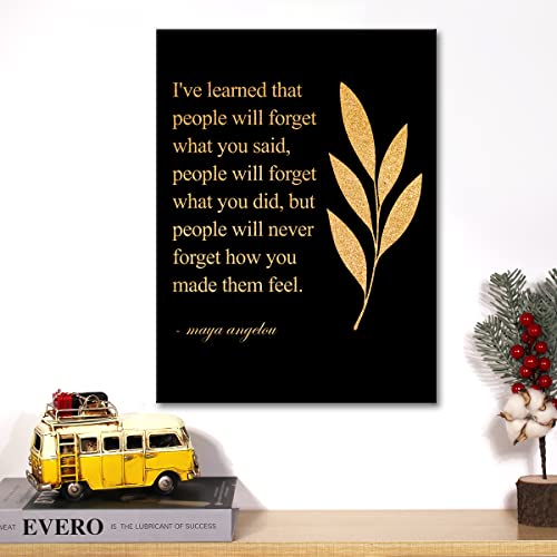 Inspirational Gold Foil Canvas Wall Art Positive Quote People Will Never Forget How You Made Them Feel Print Framed Canvas Painting Artwork Home Decor Gifts 12X15 Inch #TOP4
