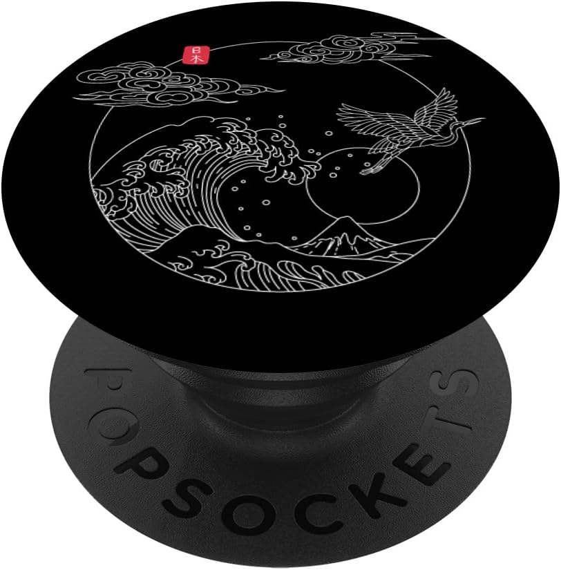 Japanese Vintage Line Art Crane The Great Wave off Kanagawa PopSockets Standard PopGrip