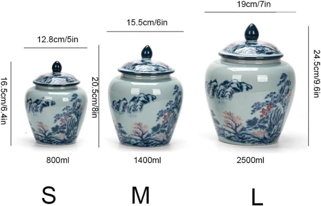 Food Storage Jar,Decorative Jar Ginger Jar Vase Decor Chinese Ceramic Ginger Jar Vase with Lid Traditional Chinese Decorative Porcelain Jars Temple Jar Ginger Jars Storage,A-16 * 21Cm