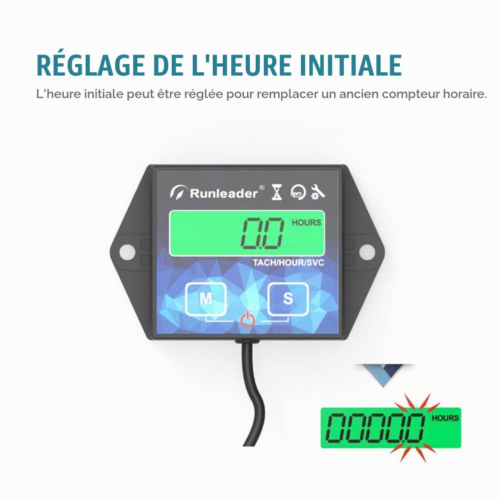 Compteur horaire du moteur rétro-éclairage Tachymètre inductif Compteurs d'heures Tacho numérique Rappel d'entretien pour moto Planeur marin ATV Souffleuse à neige Tondeuse à gazon jet ski pit