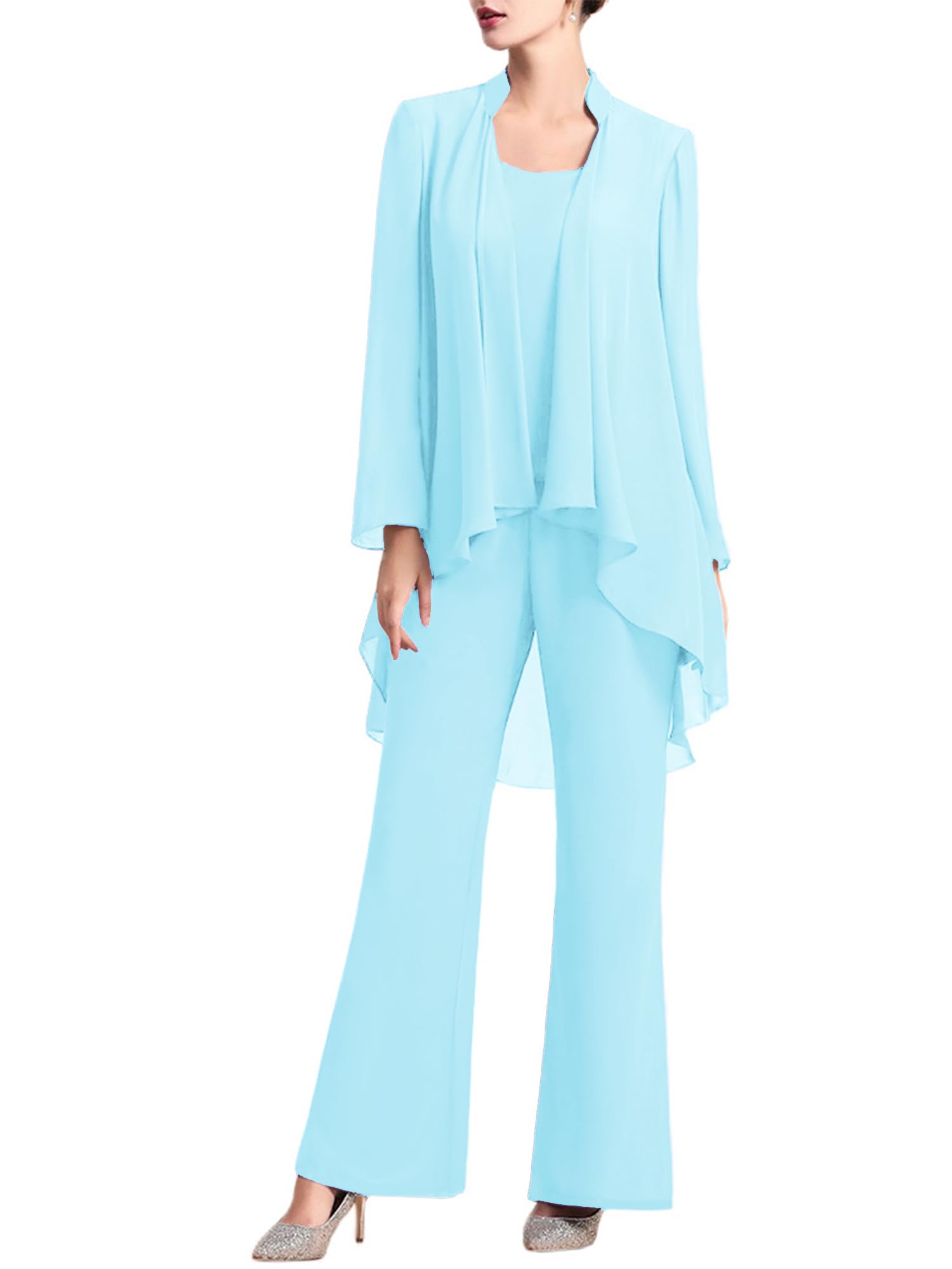 Manyakai Traje de Noche Elegante de Gasa para Mujer Conjunto Cóctel de Tres Piezas Cárdigan Larga y Camiseta sin Manga y Pantalones de Holgados Informal S-3XL