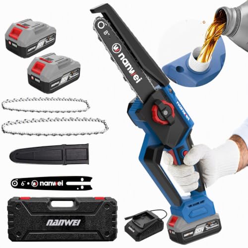 Image of NANWEI Battery Chainsaw 8 Inch,Brushless,Cordless Chainsaw with 2x4.0A Batteries,8 Inch Handheld Chainsaw, 6 /8 inch Chainsaw,Chain Saw for Tree Pruning,Wood Cutting