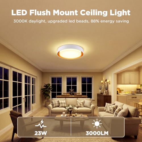Image of LUTEC Flush Mount Ceiling Light, White with Gold Interior, 13in 23W Dimmable LED Ceiling Lights, 3000K Daylight, 3000lm Super Bright Energy-Efficient Modern Lamp for Bedroom, Hallway, Kitchen