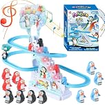 Toy Car Track with 9 Penguin Toy, Electric Penguin Climbing Stairs Toys Race Track Game with Music and Flashing LED Lights, Slide Rollercoaster Toys