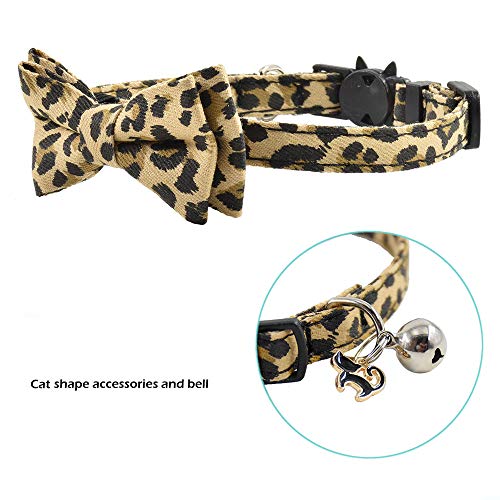 Image of Pipidog Cat Collar Breakaway with Bell and Accessories, Leopard Kitten Collar Bowtie for Kitty 20 Colors Adjustable 7.5-11in (Leopard)