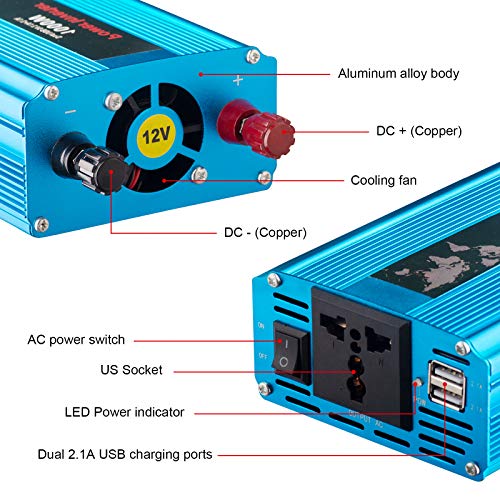 Car Power Inverter - HK GT 1000W Power Inverter DC 12V to 110V AC Converter 4.2A Dual USB Ports Car/Truck/RV Power Adapter with Cigarette Lighter Car Charger Modified Sine Wave Inverter