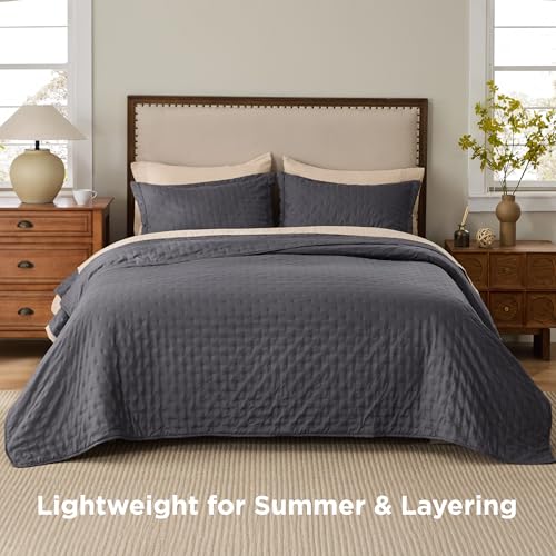 Image of Bedsure Twin Quilt - Ultra Soft Twin XL Quilt Bedding for Dorm Decor, Lightweight All-Season Comforter, Charcoal Bedspread Coverlet with Clover Pattern, 68 x 86 Inches