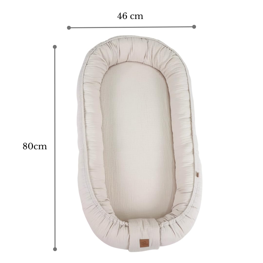 WIKLINOPOL Babynest, Nestchen für Neugeborene – Baby Nestchen 80x46 cm in Beige, Tragbares Nest aus Musselin - Baby Nest für Neugeborene mit herausnehmbarer Matratze