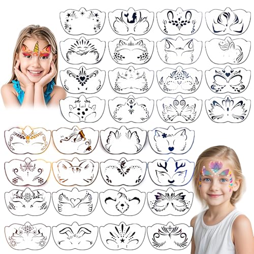 32 Pcs Reusable Face & Body Paint Stencils Kit, Face Tattoo Painting Templates for Kids Face Painting, Party Makeup, Holiday Tattoo Stencils, DIY Art Designs with Hollow-Out Patterns (32P-1220-V1)