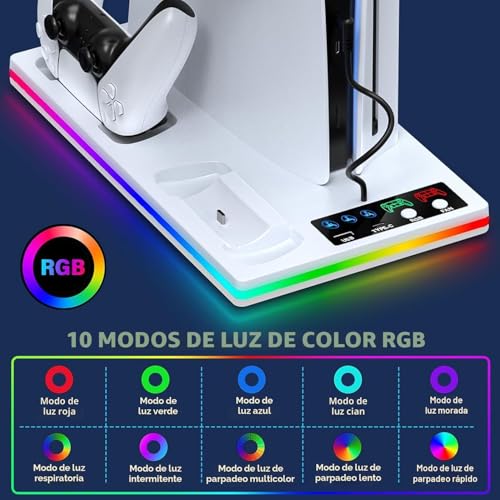 Miniatura 5 de 3 En 1 Soporte Ps5 Con Cargador Mando Ps5 Y Ventilador De 3 Velocidades, Soporte Vertical Ps5 Para Playstation 5 Slim Standard Disco Digital, Refrigerador Ps5 Con Luz Rgb Y 2 Puertos Usb