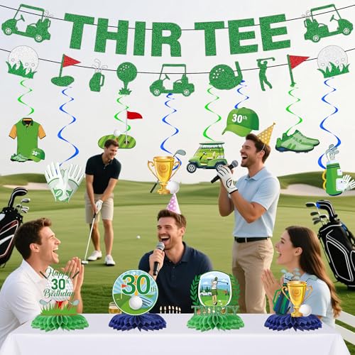 Image of Golf 30th Birthday Decorations Men - 14 Pcs Golf Themed Thir Tee Banners, Hanging Swirls, Honeycomb Table Centerpieces for Him Men 30 Birthday Celebration Sports Party Supplies Decoration
