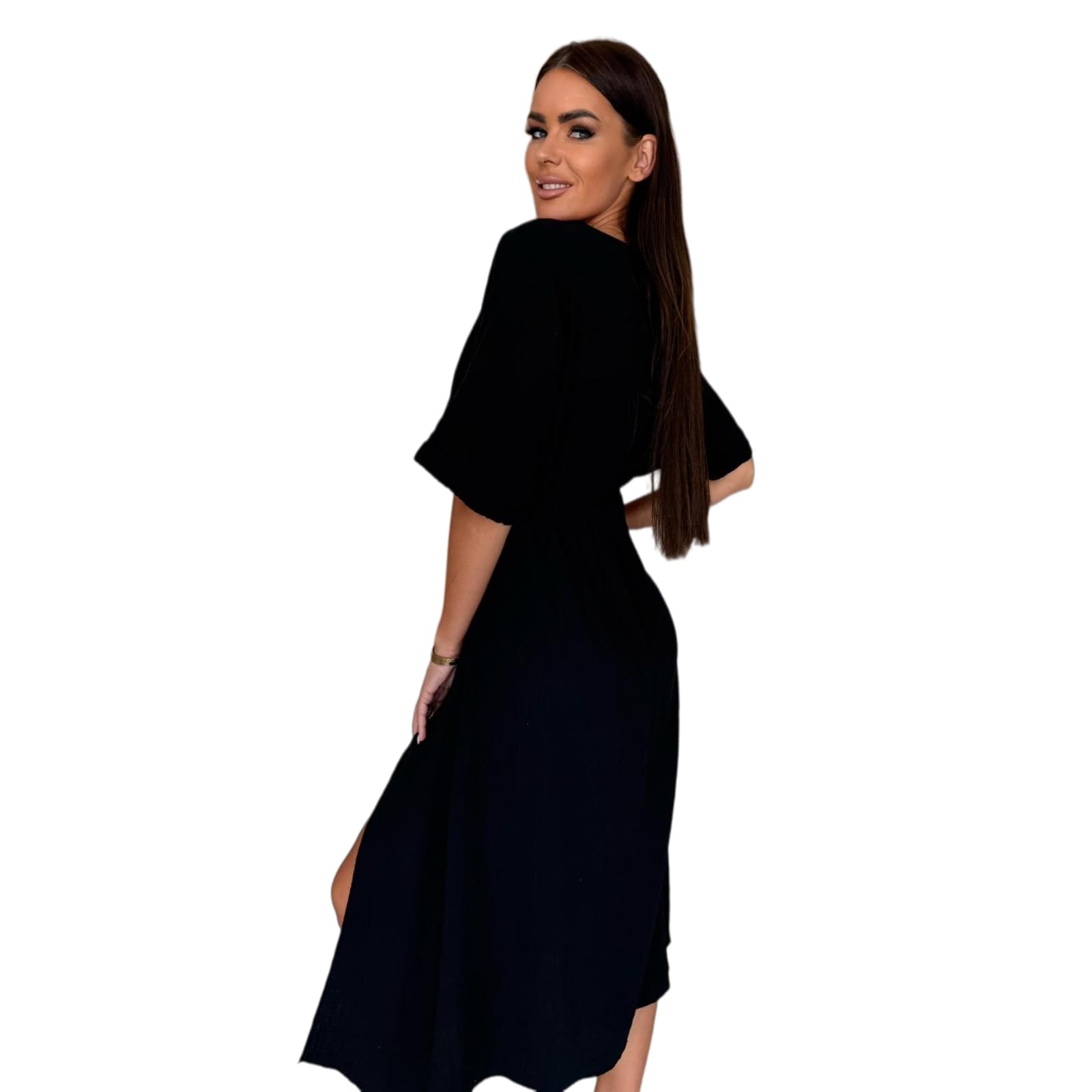Abito Donna Avvolgere V Collo Midi Manica Corta Elastico Casual in Vita, Fessura Laterale Ruggine Textured-Green-l