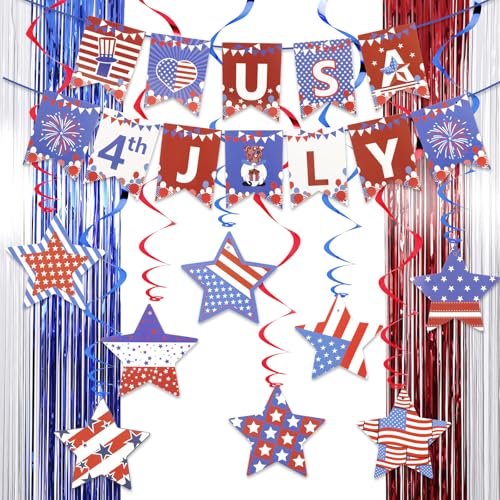 Image of 4th of July Decorations Set Red White and Blue Decorations, Including LOVE USA Banner Foil Fringe Curtains Hanging Swirls for America Patriotic Party, Memorial Day, Independence Day, Labor Day