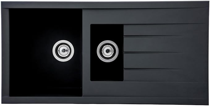 Respekta Houston Fregadero de Mineralite en negro/Fregadero empotrado de 1,5 cubetas de 100 x 50 cm/Apto para bases a partir de 60 cm de ancho