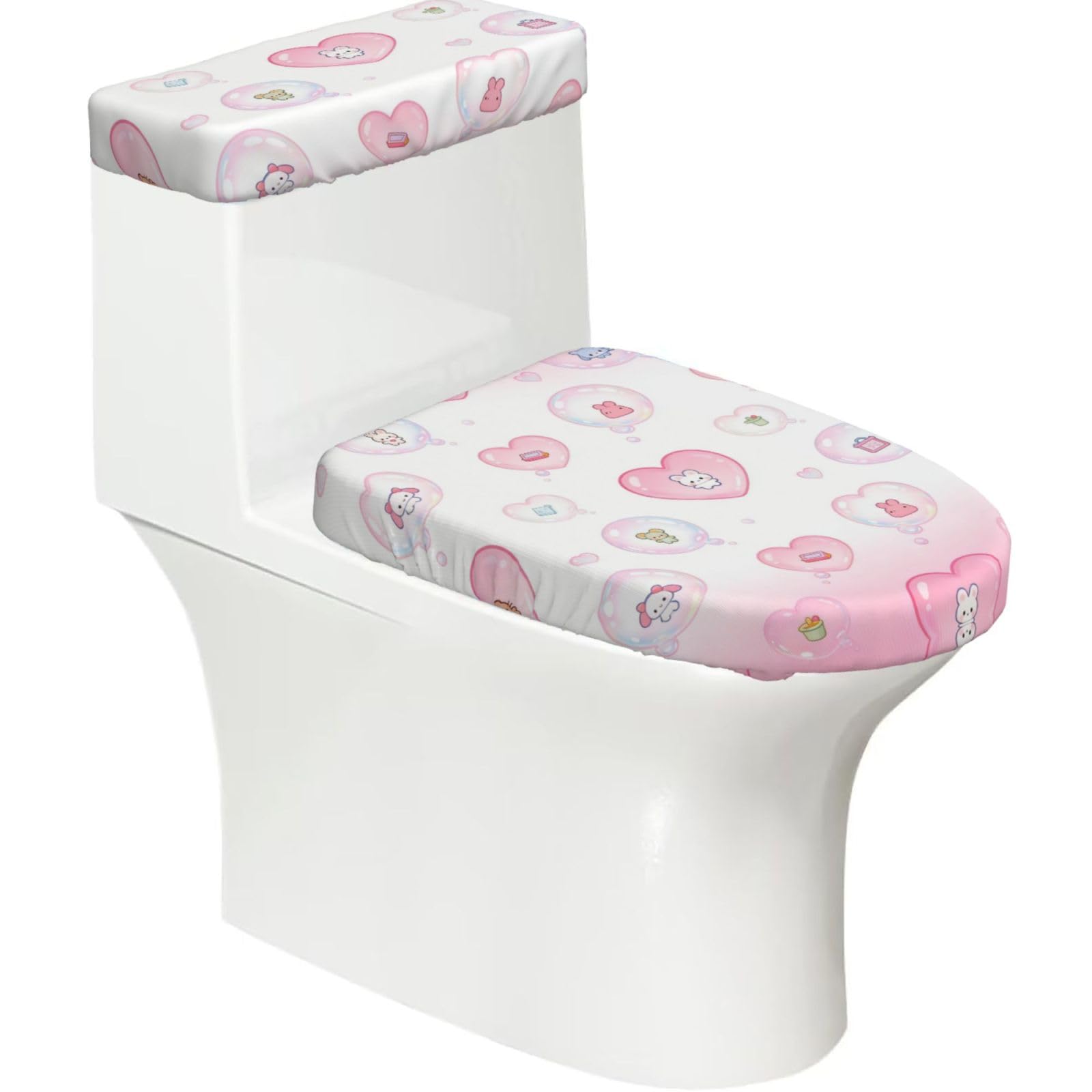 Cntdbu Black Heart-Shaped Bubbles Stretchy Toilet Lid And Tank Cover Set-Soft Elastic Bathroom Decor For U Shape Oval